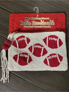 Handmade White Beaded Clutch with Red Football Motifs
